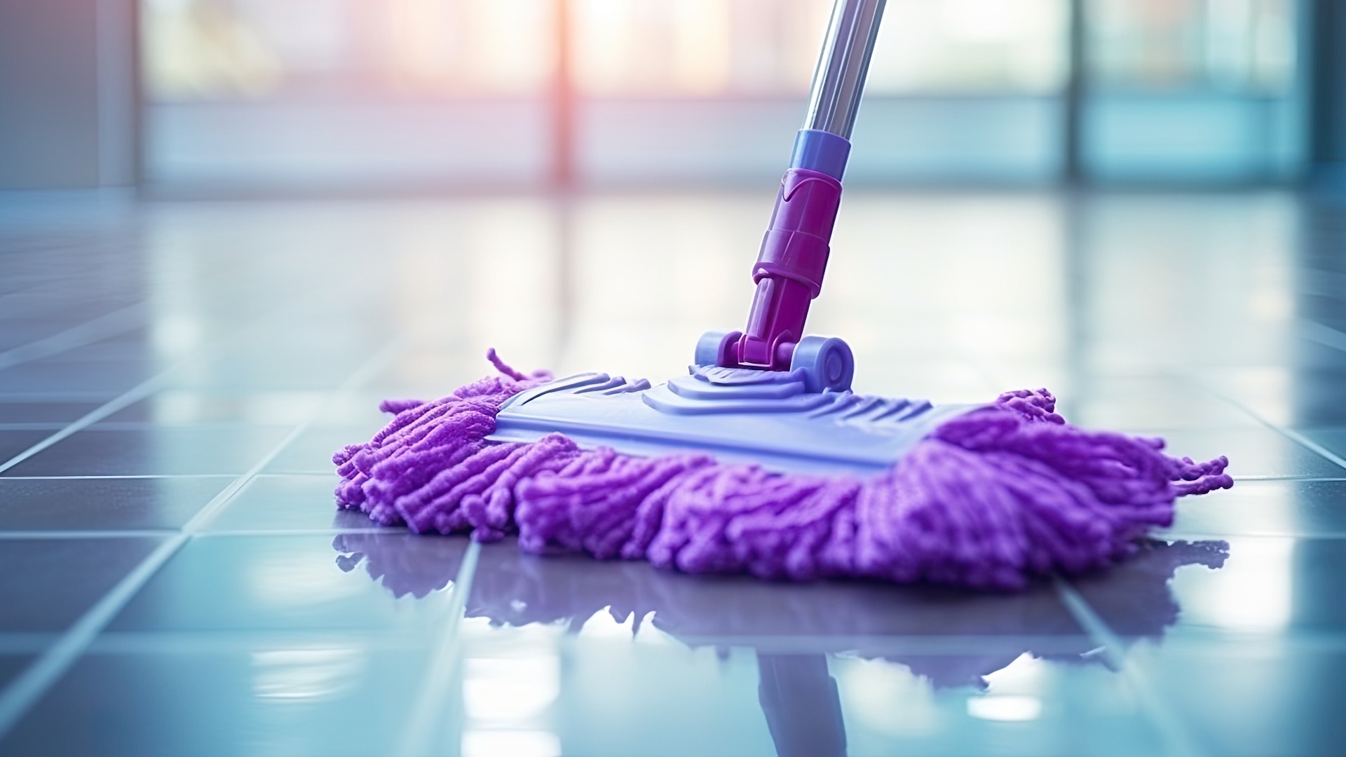 Lila Wischmop zum Reinigen von Innenräumen mit leerem Raum.