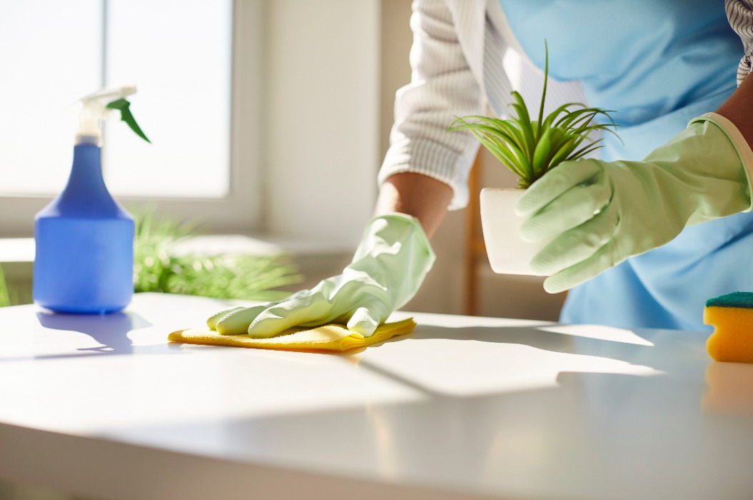 Weibliche Putzfrau Hände in Handschuhen Nahaufnahme, Hausfrau, Frau poliert Tischplatte mit Tüchern